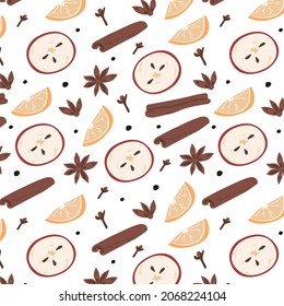 Christmas concept. seamless pattern with ingredients for mulled wine. whole orange and red apple, bottle of red wine, badian, cloves, cinnamon stick, whole pepper. gluhwein. isolated vector