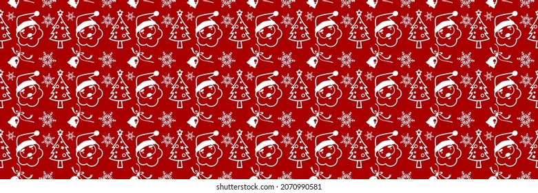 El concepto de Navidad es un patrón sin fisuras. Patrón blanco sobre fondo rojo. Personajes de dibujos animados de Santa y Pino. Fondo vectorial transparente