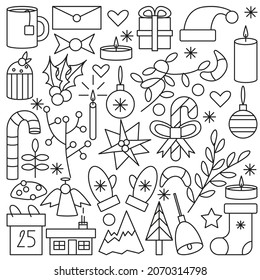 christmas concept. set of doodle elements for christmas outline.  santa hat, cookie,candy cane with ribbon, bell, mistletoe, gift, angel, muffin, pine tree, sock, candle. isolated vector illustration 