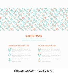Christmas concept with thin line icons: Santa Claus, snowflake, reindeer, wreath, bells, candy cane, polar bear in hat, angel, mitten, candle, penguin, garland. Vector illustration, web page template.