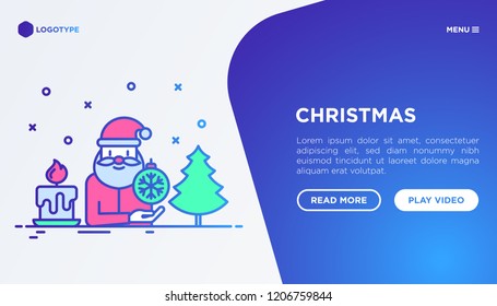 Christmas concept with thin line icons: Santa Claus with snowflake, candle, fir-tree. Vector illustration, web page template.