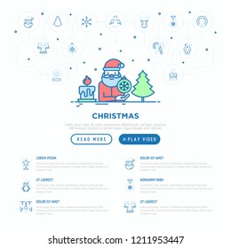 Christmas concept with thin line icons: Santa Claus, snowflake, reindeer, wreath, candy cane, polar bear in hat, angel, mitten, candle, penguin. Vector illustration, web page template.