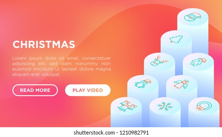 Christmas concept with thin line isometric icons: Santa Claus, snowflake, reindeer, wreath, bells, polar bear in hat, angel, penguin. Vector illustration, web page template on gradient background.