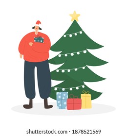 concepto de Navidad. Carácter vector con hombre sosteniendo caja de regalo, árbol de Navidad, cajas de regalo. Ilustración vectorial.