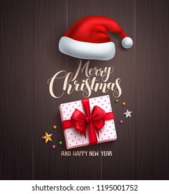 Christmas concept vector design with merry christmas greeting text, white gift and santa hat elements in wood texture background. Vector illustration.
