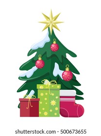Christmas concept vector. Flat design. Illustration of christmas tree in snow, bubble toys, star, gift boxes with presents, big sock for stocking. Christmas and New Year celebrating. White background