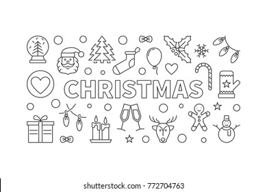 Christmas concept vector horizontal banner or illustration in thin line style on white background
