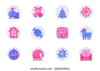 Christmas concept web flat color icons with shadow set. Pack pictograms of Santa Claus, bell, tree, snowflake, candy, gift, ball and other. Vector illustration of symbols for website mobile app design