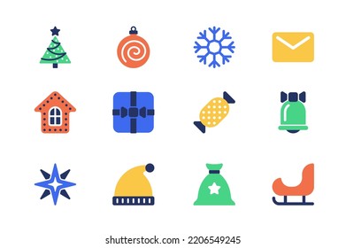 Christmas concept of web icons set in simple flat design. Pack of festive tree, ball, snowflake, letter, gingerbread cookie, gift, candy, bell, star, hat and other. Vector pictograms for mobile app