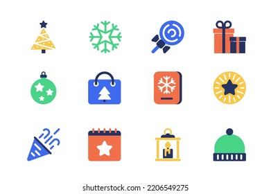 Christmas concept of web icons set in simple flat design. Pack of tree, snowflake, lollipop, gifts, ball, holiday shopping, postcard, fireworks, calendar and other. Vector pictograms for mobile app
