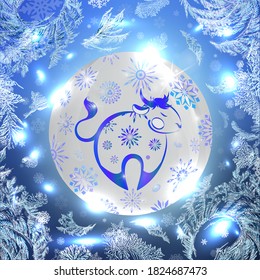 Christmas concept. White glass ball with decorative bull and snowflakes. Blue winter background with frosty pattern and glowing bokeh effect.