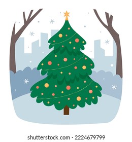 concepto de Navidad. Escena de invierno con un árbol de Navidad decorado en el parque público. Feliz Navidad y un feliz año nuevo. Ilustración plana vectorial.