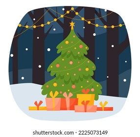 concepto de Navidad. Escena de invierno con un árbol de Navidad decorado en el parque público nocturno. Feliz Navidad y un feliz año nuevo. Ilustración plana vectorial.