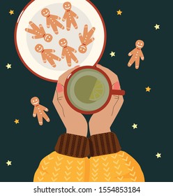 Christmas concept. Woman in sweater holds tea, gingerbread cookies on the plate, stars. Christmas vector illustration, top-down composition.