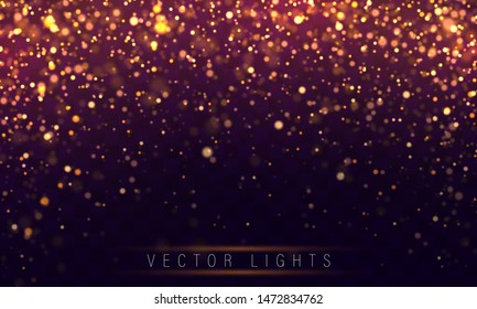 Christmas Concept Xmas Greeting Card. Magic Holiday Poster, Banner. Festive Purple And Golden Luminous Background With Colorful Lights Bokeh.  Night Bright Gold Sparkles Vector Light Abstract