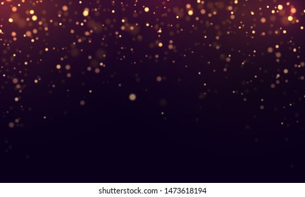 Christmas concept Xmas greeting card. Magic holiday poster, banner. Festive purple and golden luminous background with colorful lights bokeh.  Night bright gold sparkles Vector Light abstract
