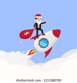 Christmas concept,Businessman in Santa hat and sack of presents flying on the rocket