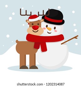 Christmas concept,Christmas card. Funny characters. Deer and snowman hugging