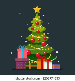 Concepto navideño,Ilustración vectorial del árbol de Navidad y las cajas de regalo