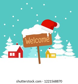 Christmas concept,Cute cartoon background - Happy New Year, welcome with wooden direction sign and Santa Claus hat on falling snow and snow flake background, Happy New Year