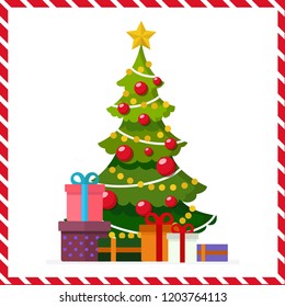 Christmas concept,Decorated christmas tree with gift boxes, star, lights, decoration balls and lamps. Merry Christmas