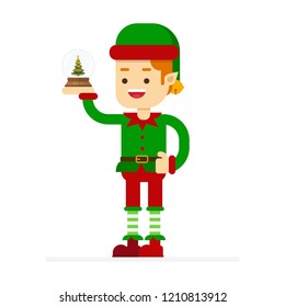 Christmas concept,happy merry christmas elf character,showing christmas snowglobe and tree