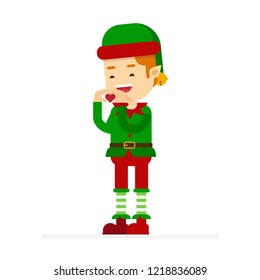 Christmas concept,happy merry christmas elf character,showing heart sign with his hands expressing his support and care