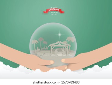 Christmas concept,Scene of baby Jesus in Snow globe on hands with faith in religion and belief in God.vector and Illustration