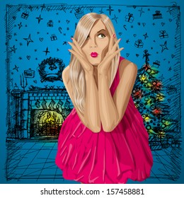 Christmas concept.Vector surprised blonde in pink dress do not know what to buy. All layers well organized and easy to edit