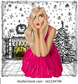 Christmas concept.Vector surprised blonde in pink dress do not know what to buy. All layers well organized and easy to edit
