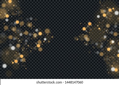  Christmas concept.Yellow White Gold Light abstract glowing bokeh lights effect isolated on transparent background. Festive purple and golden luminous background. Blurred light fram