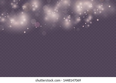  Christmas concept.Yellow White Gold Light abstract glowing bokeh lights effect isolated on transparent background. Festive purple and golden luminous background. Blurred light fram