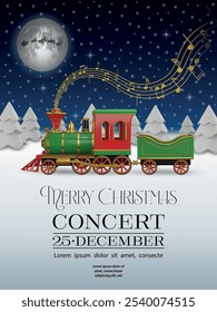 christmas concert flyer with gold musical notes and realistic toy steam train on winter background. christmas poster with locomotive with smoke in the shape of a musical pentagram