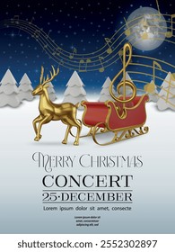 christmas concert flyer gold musical notes and realistic santa claus sleigh with gold reindeer on winter background.