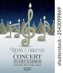 christmas concert flyer with musical note shaped candles. christmas concert poster with candles on winter landscape