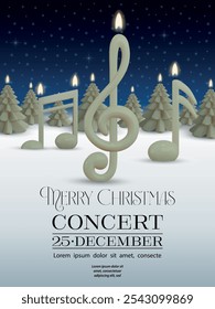 christmas concert flyer with musical note shaped candles. christmas concert poster with candles on winter landscape