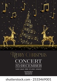 Folleto de concierto de Navidad con pentagrama musical en forma de árbol de Navidad y renos de oro Cartel de concierto de Navidad con notas musicales de oro