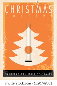 Christmas Concert Poster Idea With Christmas Tree And Acoustic Guitar. Holiday Event Musical Flyer Design. Vector Music Illustration.