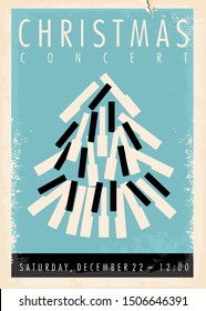 Christmas Concert Retro Poster Design Idea Wit Christmas Tree Made From Piano Keys. Vintage Vector Illustration For Classical Music Festival.