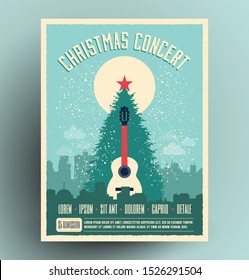 Christmas concert retro poster flyer design template for live musical event with christmas tree and acoustic guitar at city landscape. New year holiday theme vector illustration.