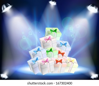 Christmas Concert with spotlights, gifts  and sowflakes on blue background