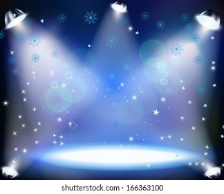 Christmas Concert with spotlights  and sowflakes on  blue background