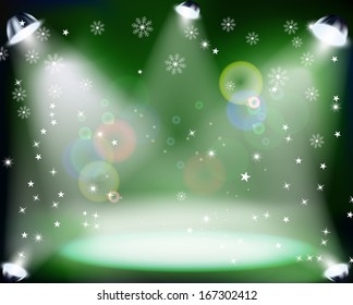 Christmas Concert with spotlights and sowflakes on green background