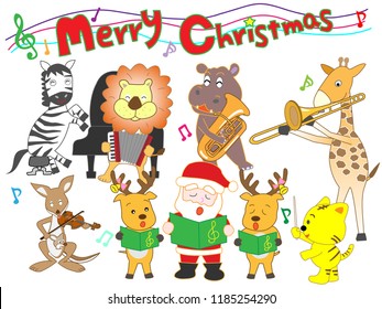 Christmas concert at the zoo. The animals enjoy Santa Claus and music.
