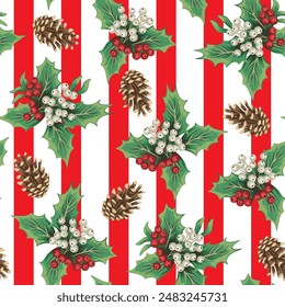 Christmas cone and mistletoe seamless pattern on the striped background. Holiday decoration wallpaper.	