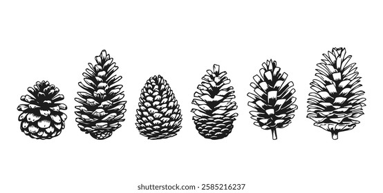 Christmas Cone Set Black Sketch Line Drawing. Modern Simple Vector Illustration of Cone Silhouettes in Trendy Linear Style. 