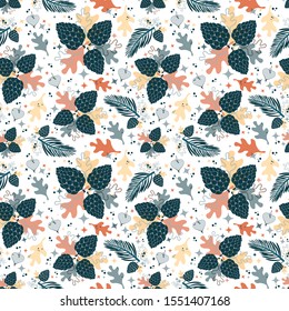 Christmas cones and leaves pattern. Christmas toy decorated with cones, leaves, twigs, fir branches. Magical new year mood illustration. 
