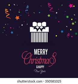 Christmas Confetti Background. Merry Christmas and Happy Winter background celebration typography with presents and gift box. Vector illustration.