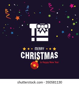 Christmas Confetti Background. Merry Christmas and Happy Winter background celebration typography with presents and gift box. Vector illustration.