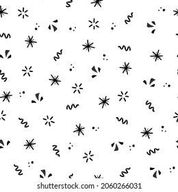 Christmas confetti, snowflake, party serpentine seamless pattern. Hand drawn doodle style christmas party pattern. Vector illustration.
